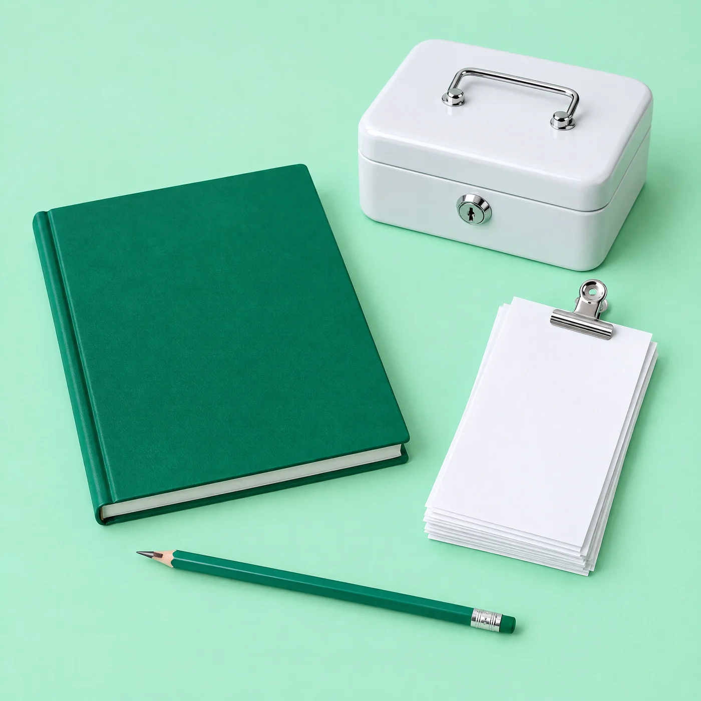 Un registre à couverture verte, une caissette blanche fermée à clé, une liasse de fiches sous une pince et un crayon vert, sur un fond menthe.