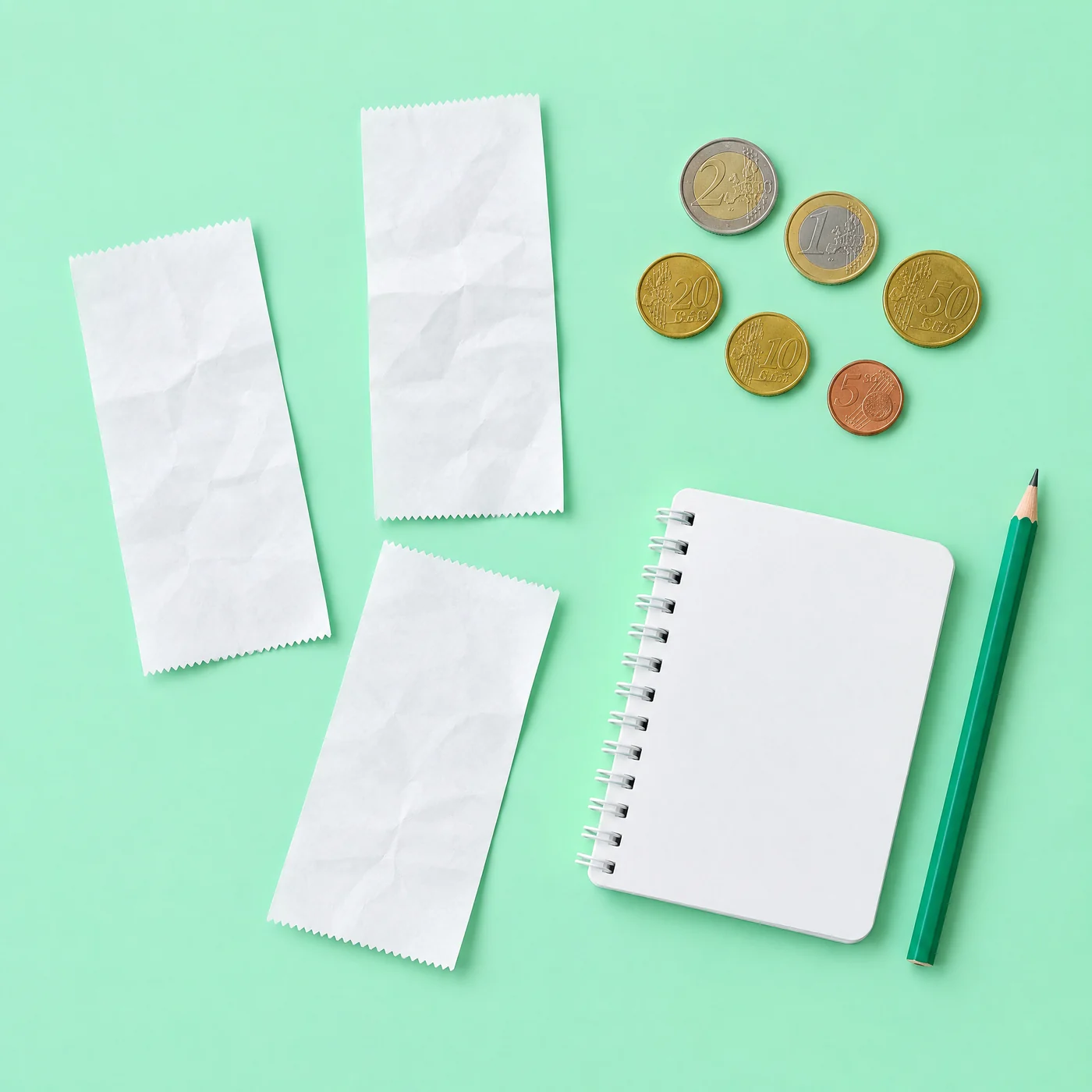Trois tickets de caisse froissés, quelques pièces en euros, un petit carnet à spirale et un crayon vert, posés sur un fond menthe.