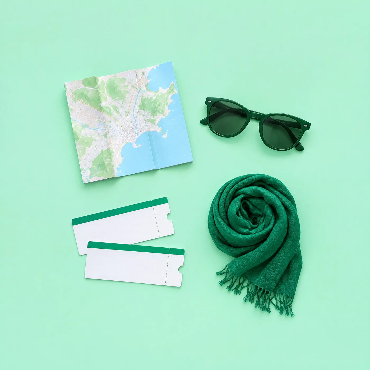 Une carte routière dépliée, des lunettes de soleil vertes, deux billets vierges et une écharpe verte, posés sur un fond menthe.