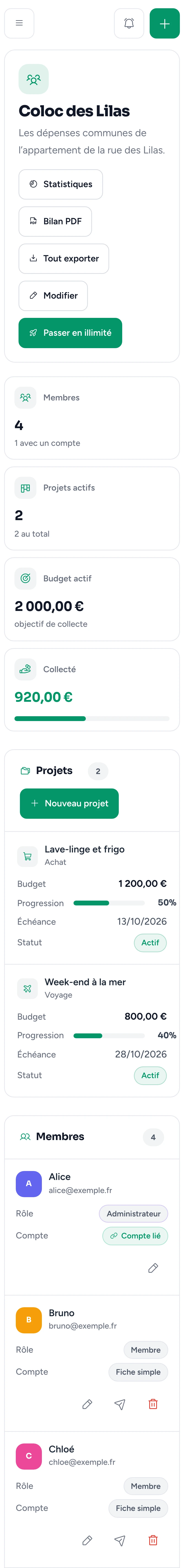 L’écran d’un groupe dans Gestion sur téléphone : membres, projets actifs, budget actif, collecté et liste des projets.