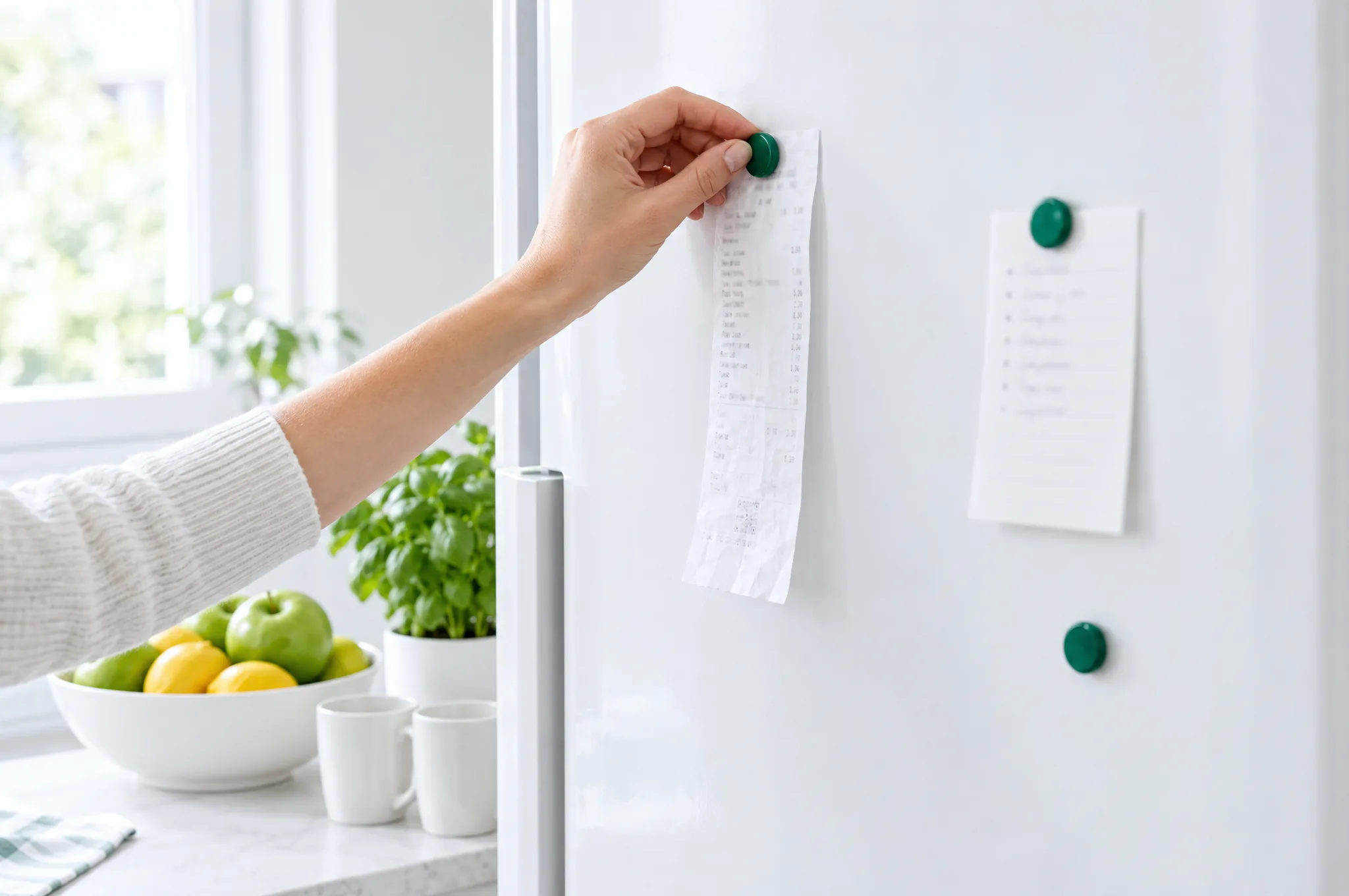 Dans la cuisine d’une colocation, une main aimante un ticket sur le frigo.